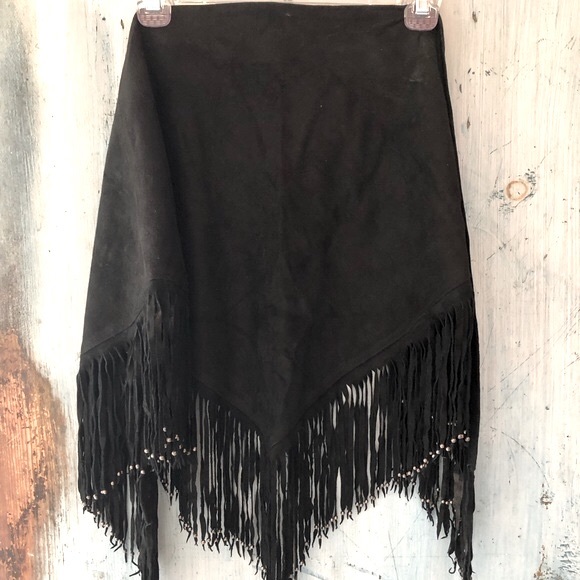 Black suede fringed wrap with silver beads made in the USA; dress it up or down - Picture 3 of 13